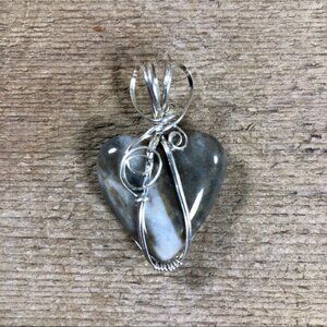 Silver Wrapped Jasper Heart Wishing Stone Necklace Pendant